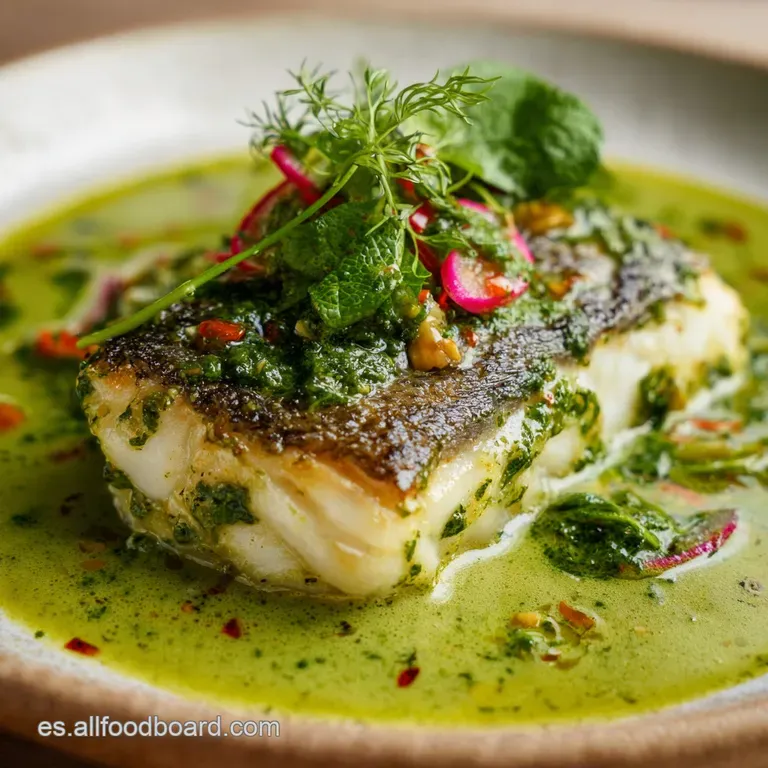 Elegant plate showcasing tender cocochas bathed in a delicate, emulsified sauce, garnished with vibrant green herbs. Basqu...
