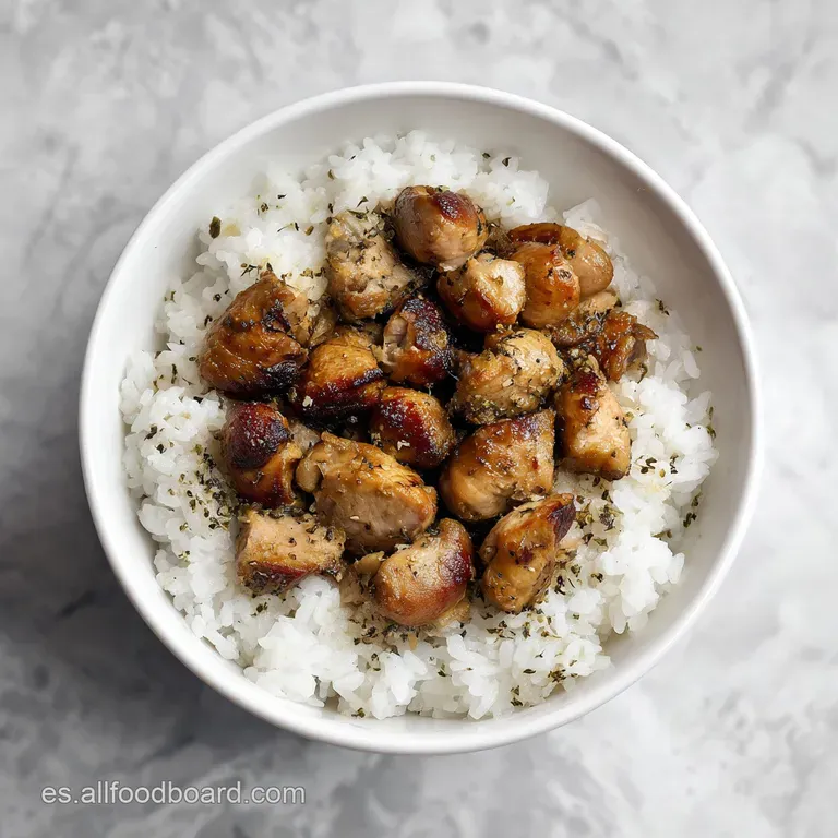 Plato blanco con una monta&ntilde;a de arroz amarillento, carne jugosa y un toque de piment&oacute;n rojo vibrante en los bordes.