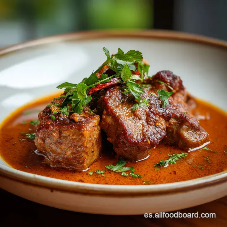 Elegant plate of tender lamb in a vibrant red pepper sauce, garnished with fresh parsley. Steaming and inviting, served wi...