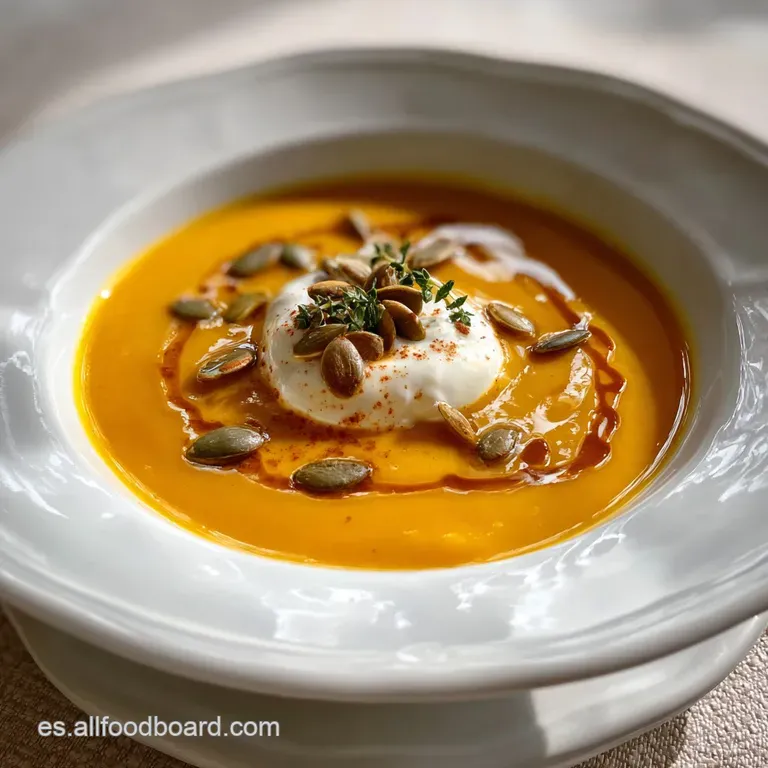 Creamy orange soup in a shallow bowl, garnished with vibrant green herbs and a swirl of white cream. A warm, inviting autu...