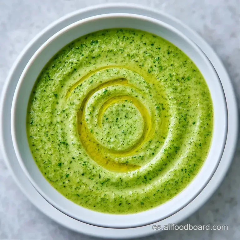 Bol blanco minimalista con sopa espesa verde pálido, adornado con cebollino picado y un hilo de aceite de oliva virgen.