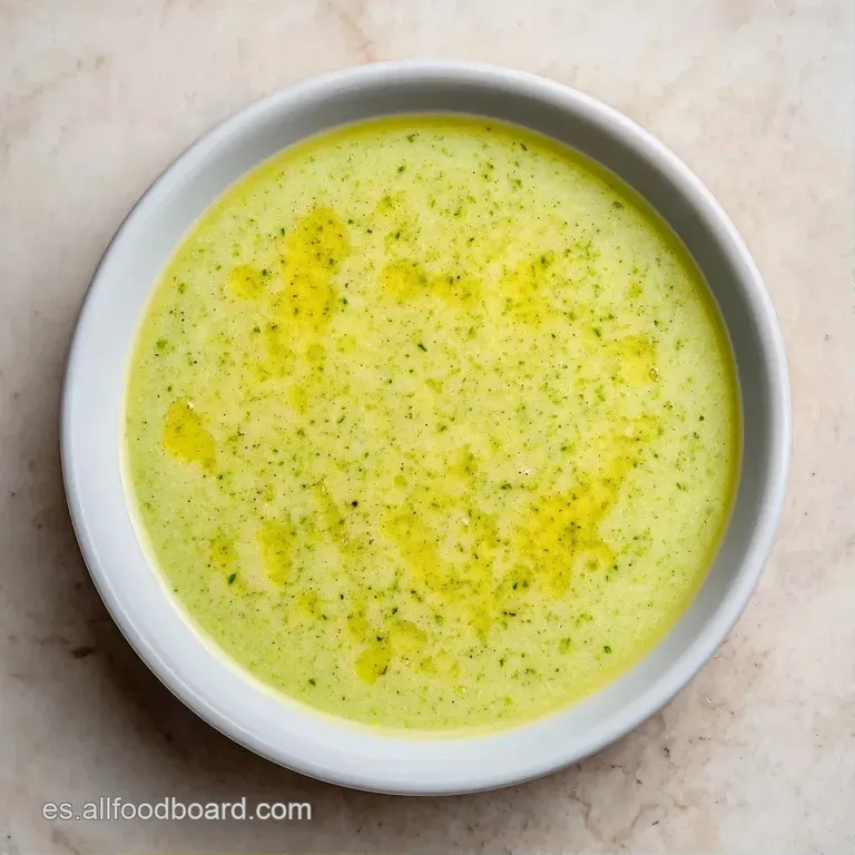 Sopa espesa de color verde claro servida en plato hondo, adornada con un hilo de aceite y hojas verdes frescas.