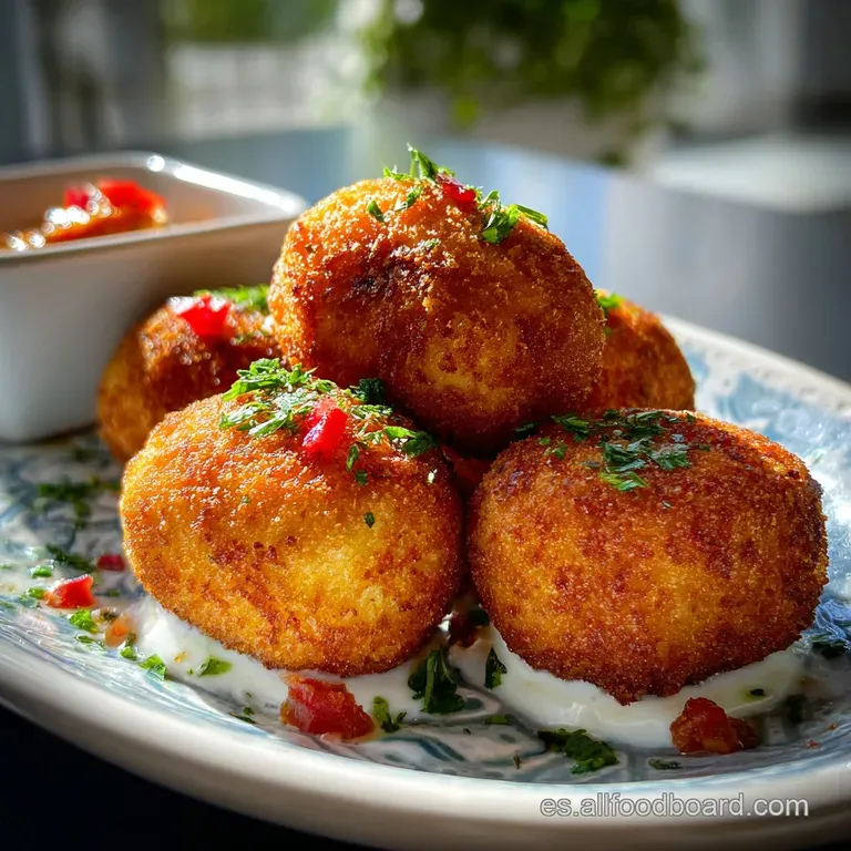 Pile of golden-brown ham croquettes served family style. Sprigs of parsley add a pop of green to the rustic presentation.