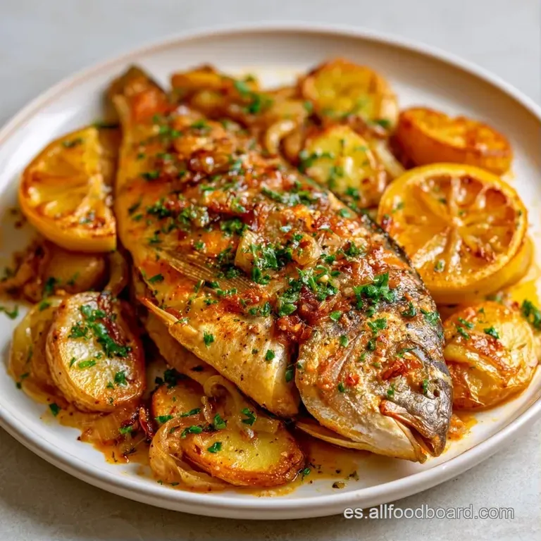 Filete de pescado blanco brillante acompañado de patatas tiernas y rodajas de limón amarillo en un plato de cerámica.