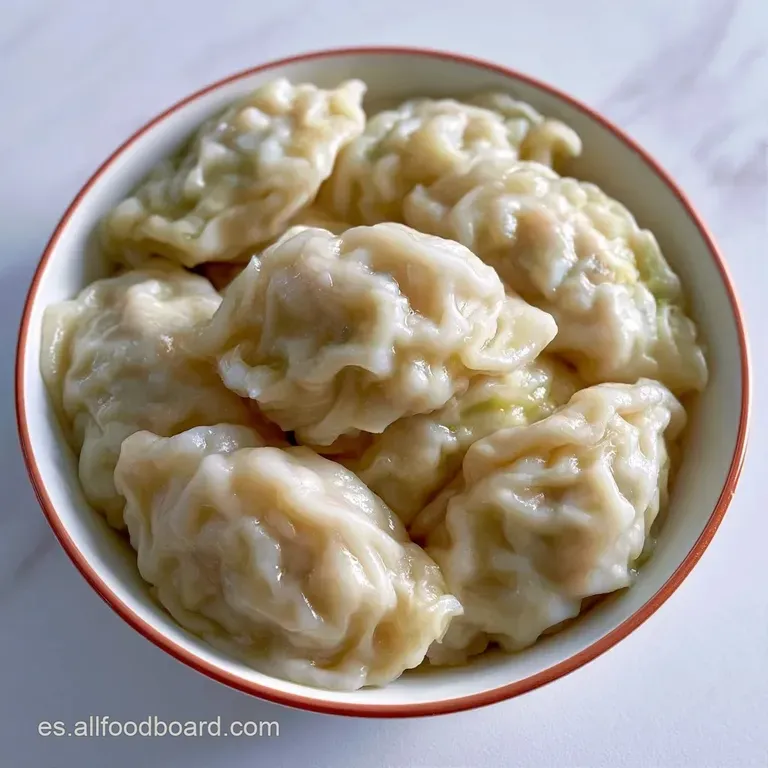 Dumpling al vapor en plato blanco, adornado con cebollino verde picado y semillas de s&eacute;samo sobre una base brillante.