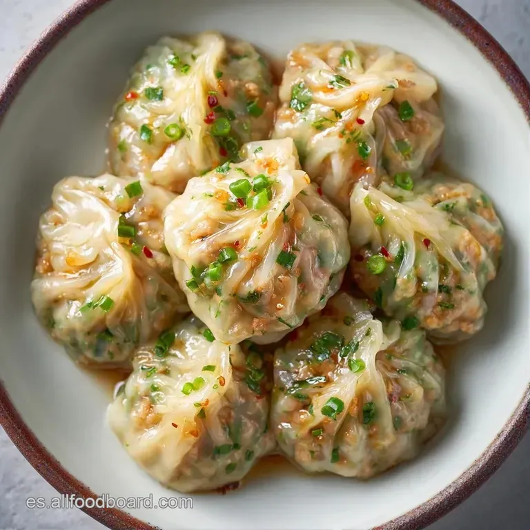 Dumplings transl&uacute;cidos dispuestos en c&iacute;rculo sobre plato cer&aacute;mico blanco junto a un cuenco de salsa oscura brillante.