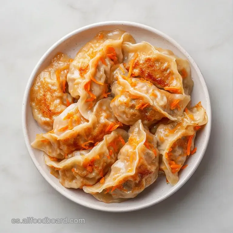 Dumplings dispuestos en plato cer&aacute;mico gris, decorados con semillas de s&eacute;samo blanco y gotas de aceite de s&eacute;samo dorado.