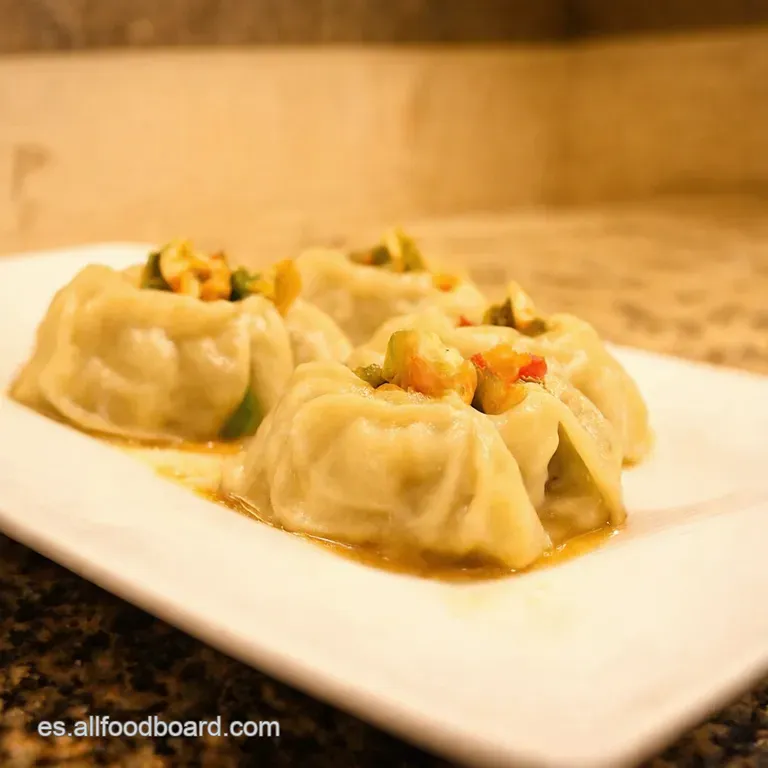 Dumplings Rosa Con Medley De Verduras De La Huerta presentation