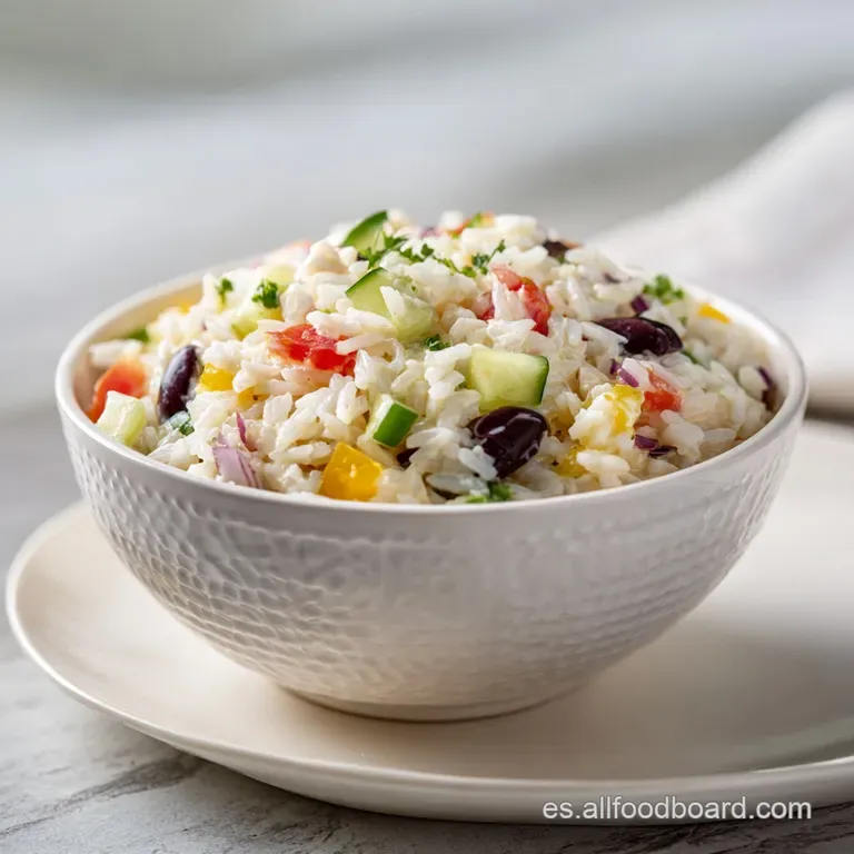 A mound of creamy rice salad crowned with a sprinkle of fresh chopped parsley, elegantly served on a white plate.
