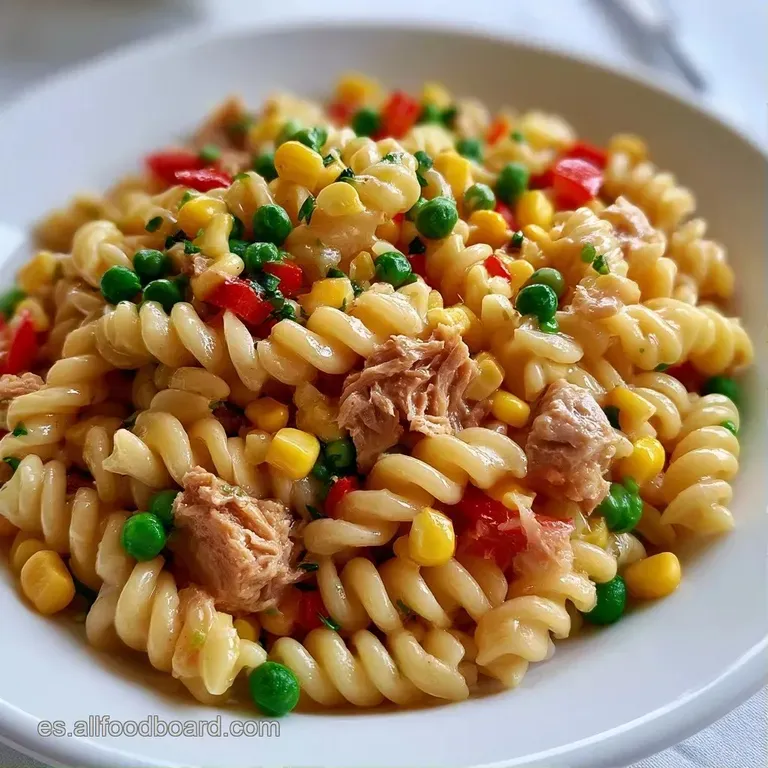Pasta cremosa servida con elegancia, adornada con trozos de atún y vegetales frescos sobre un fondo neutro claro.