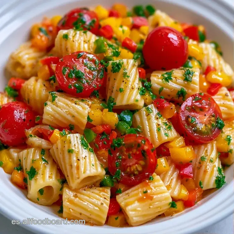 Plato cerámico blanco con pasta colorida y verduras frescas, decorado con hojas de perejil y un brillo aceitoso.