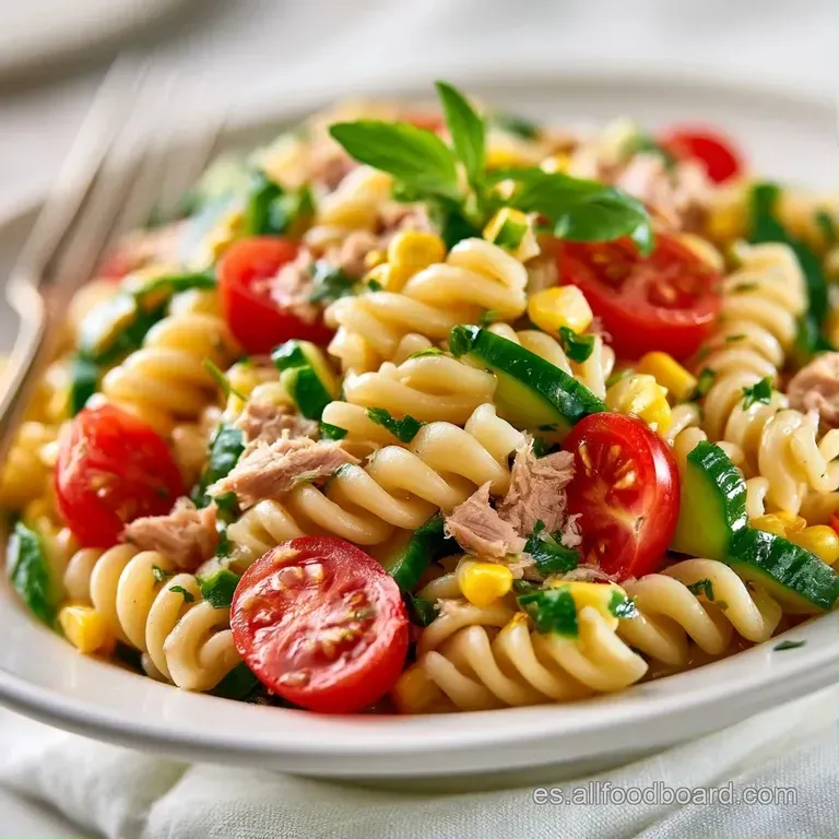 Plato blanco con pasta fresca, verduras vibrantes y gotas de aderezo cremoso decoradas con hojas verdes brillantes.