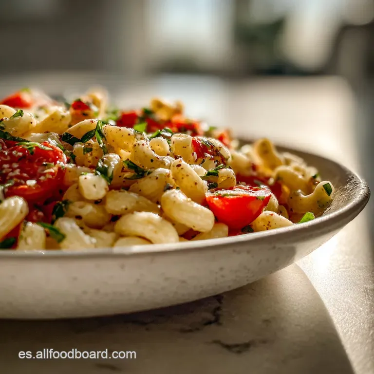 Elegant serving of chilled pasta salad, garnished with fresh herbs. A bright and inviting meal, perfect for a picnic or li...