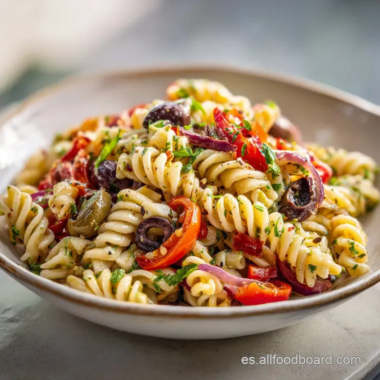 Artfully arranged pasta salad on a white plate. The creamy dressing glistens, studded with colorful veggies for an elegant...