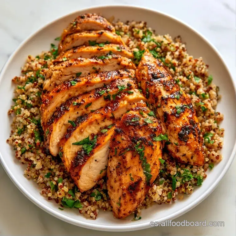 Ensalada colorida dispuesta con cuidado; quinoa esponjosa, pollo jugoso y gotas de salsa cremosa sobre plato cerámico.