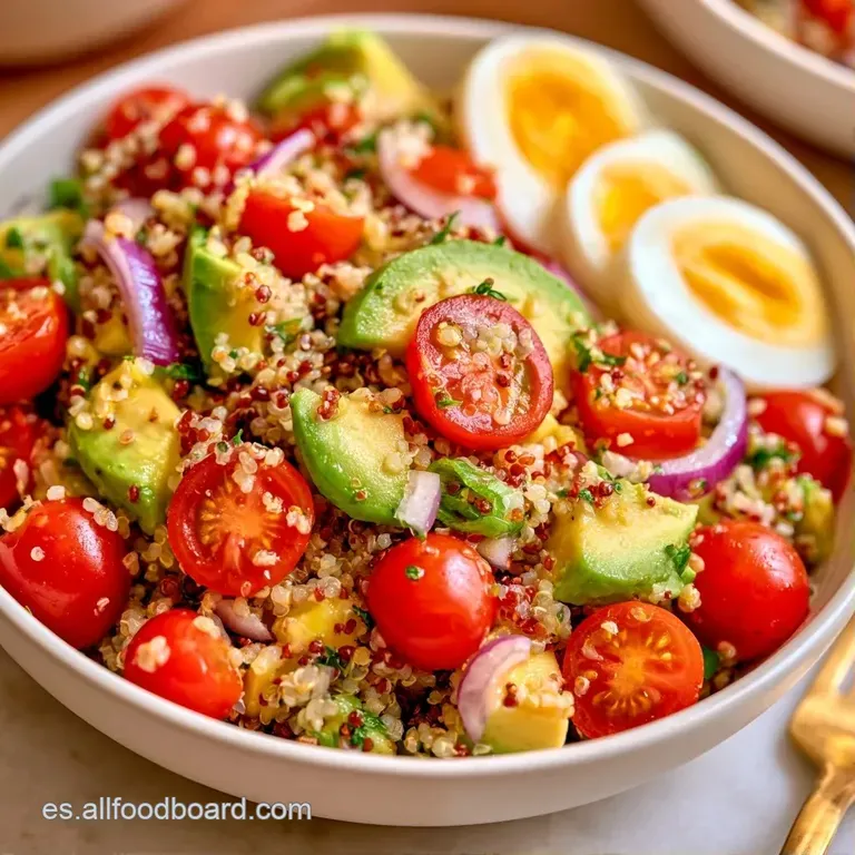 Montaje sofisticado de quinoa granulada adornada con láminas de aguacate fresco y huevos cocidos en un cuenco moderno.