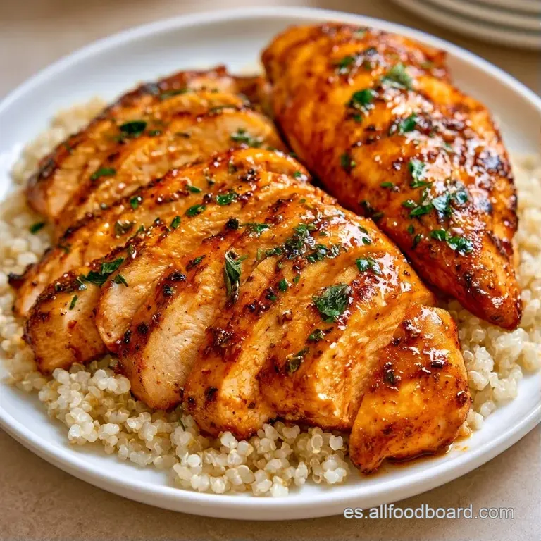 Composición equilibrada de quinoa y pollo en plato blanco, decorada con semillas y un hilo de aceite brillante.