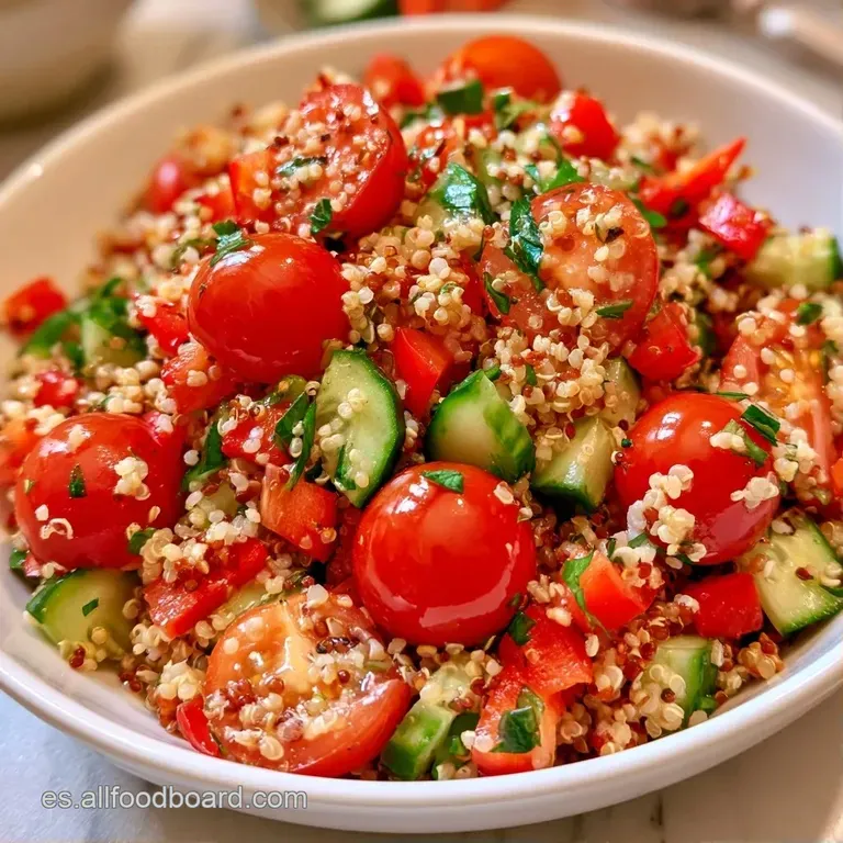 Ensalada de quinoa dispuesta en un cuenco de cerámica con hojas de perejil fresco y un toque de aceite brillante.