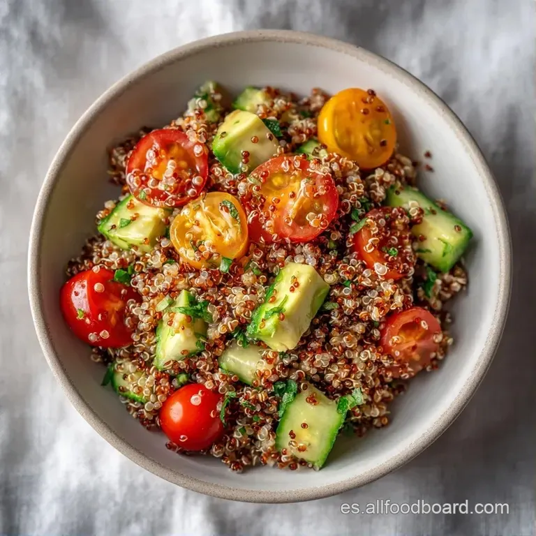 Montaje elegante de quinoa con hortalizas coloridas sobre cer&aacute;mica blanca, resaltando el brillo del aceite de oliva.