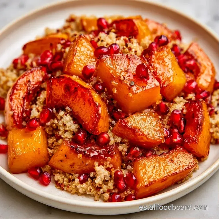 Composición ordenada de quinoa granulada y calabaza dorada sobre plato blanco, decorada con semillas y aceite brillante.