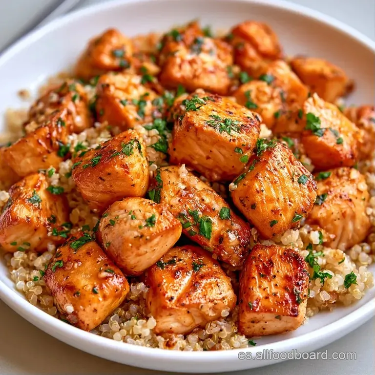 Plato blanco con una base de quinoa esponjosa, tiras de pollo tostado y hojas verdes frescas dispuestas con armonía.