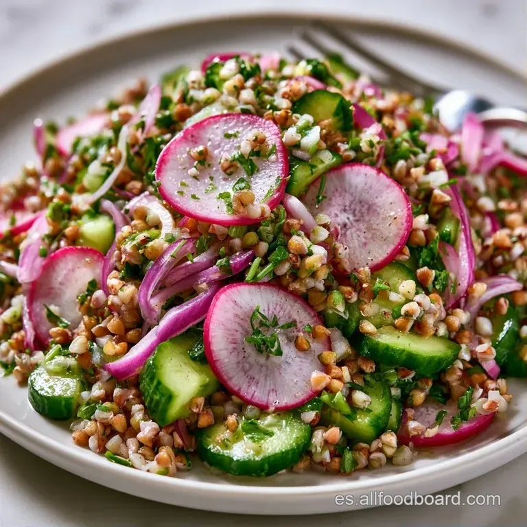 Ensalada servida en bol blanco, resaltando el contraste entre el grano tostado y la frescura crujiente del pepino.
