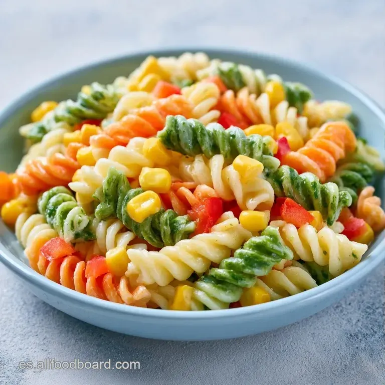 Pasta multicolor servida en bol blanco, adornada con hojas de perejil fresco y vegetales crujientes de tonos vivos.