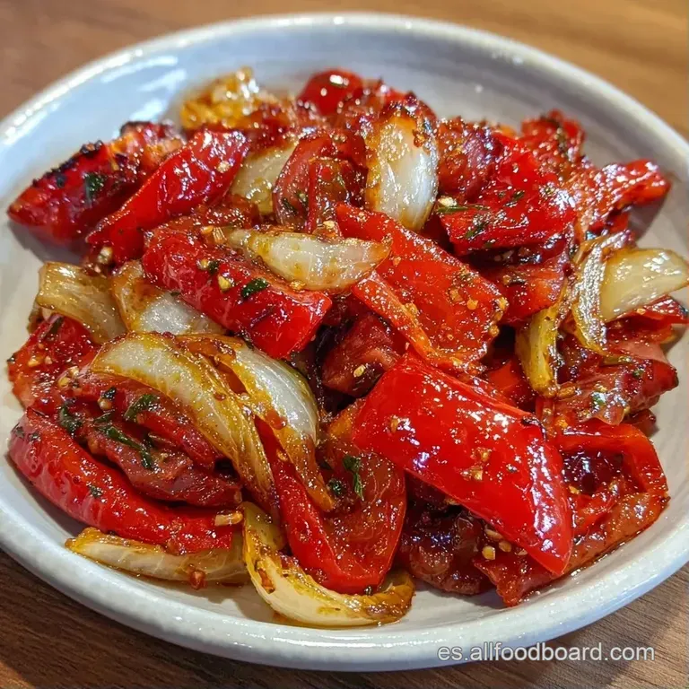 Tiras suaves de pimiento rojo y l&aacute;minas de ventresca p&aacute;lida dispuestas con elegancia sobre un plato blanco limpio.