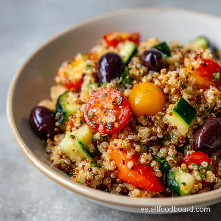 Ensalada de quinoa colorida servida en plato blanco, adornada con perejil fresco y un toque de aceite de oliva brillante.