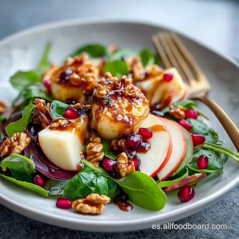 Elegant Christmas salad plating: layered greens, citrus, and pomegranate jewels glisten, drizzled with a light, creamy dre...