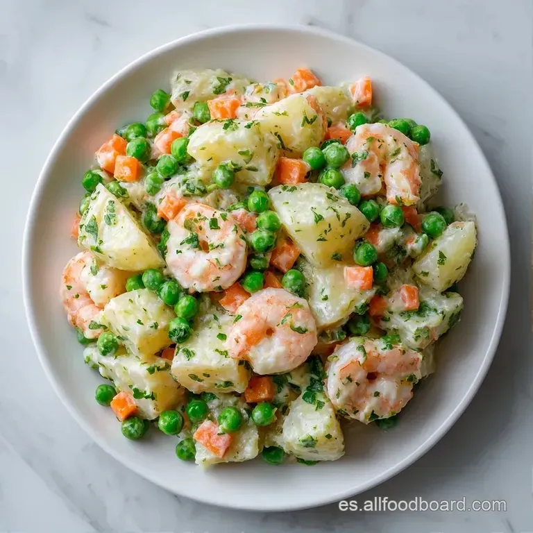 Mont&iacute;culo redondeado de crema blanca adornado con gambas rosadas y un toque de piment&oacute;n sobre un plato blanco limpio.