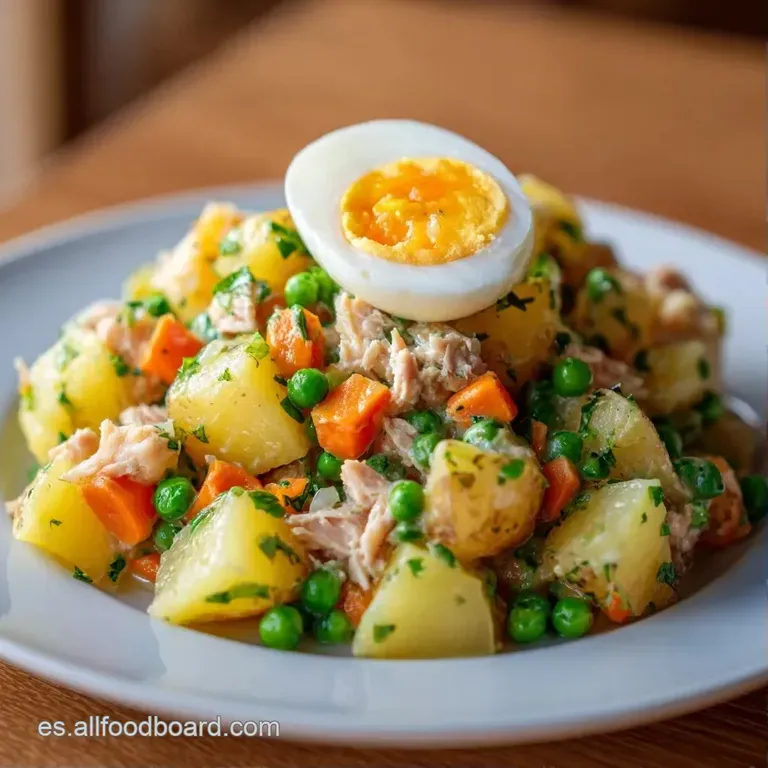 Porci&oacute;n cil&iacute;ndrica de ensalada blanca decorada con una aceituna negra y piment&oacute;n rojo sobre un plato de cer&aacute;mica gris.