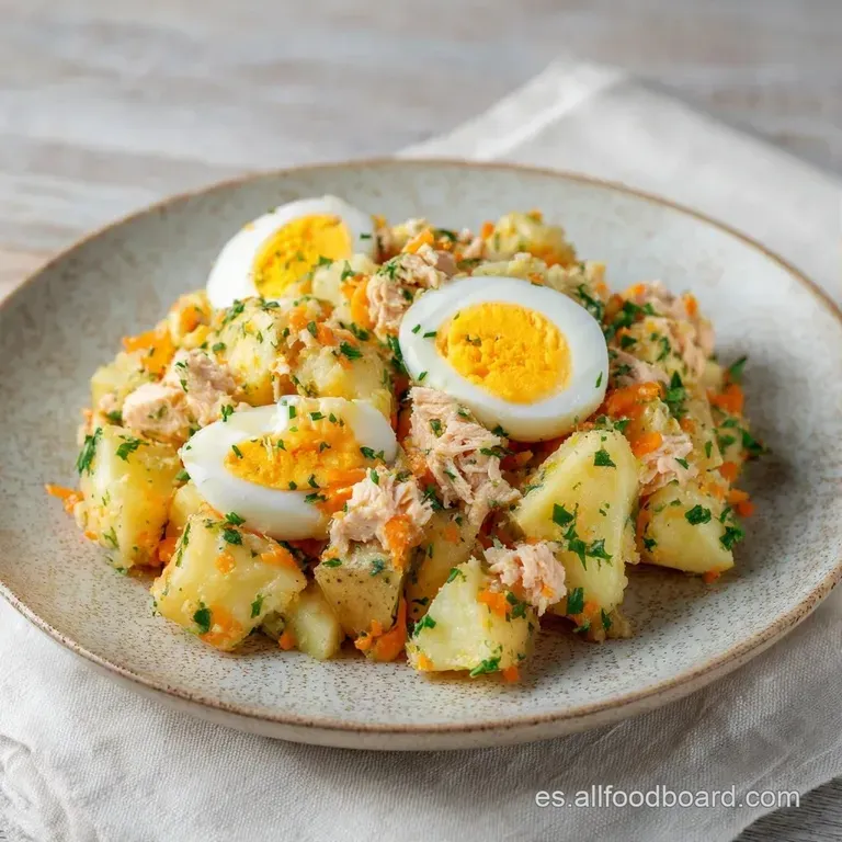 Mont&iacute;culo redondeado de ensalada cremosa en plato blanco, decorado con tiras de pimiento rojo brillante y aceite oliva.