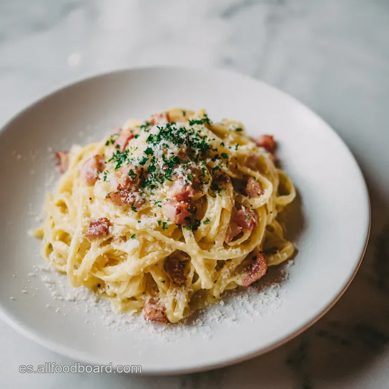A glistening swirl of carbonara spaghetti artfully arranged in a deep bowl, speckled with black pepper.