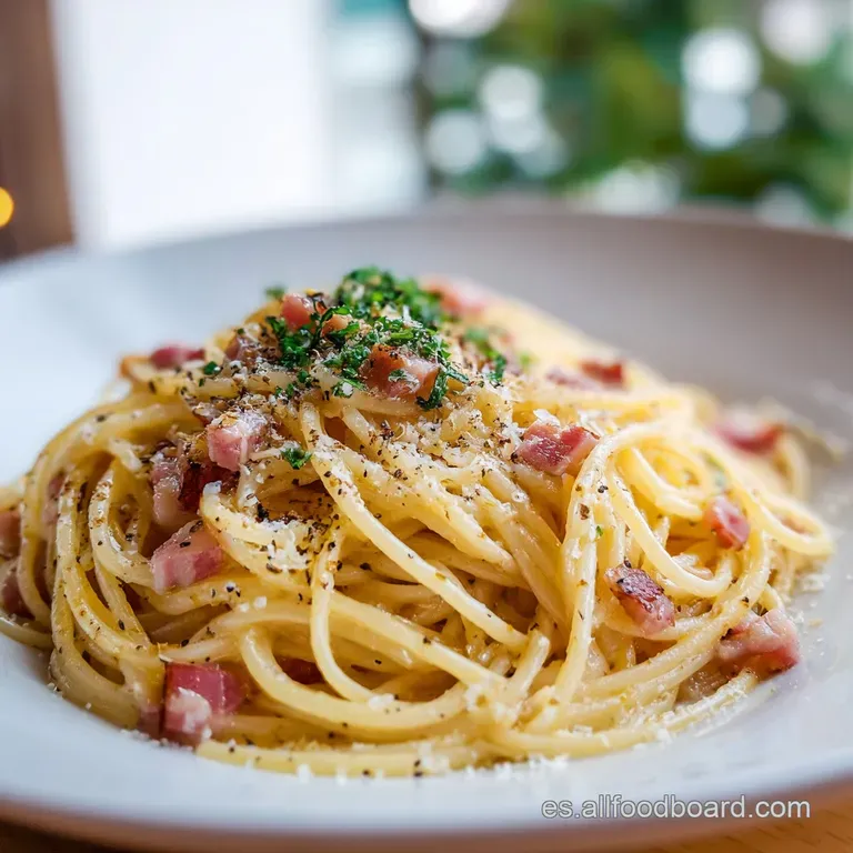 An artful tangle of pasta, rich with guanciale and bright green parsley, in a white bowl.