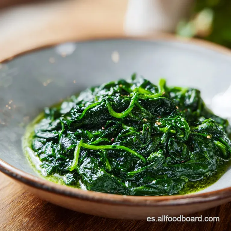 Porci&oacute;n de hojas verdes tiernas y cremosas servidas en plato cer&aacute;mico con un toque de pimienta negra reci&eacute;n molida.