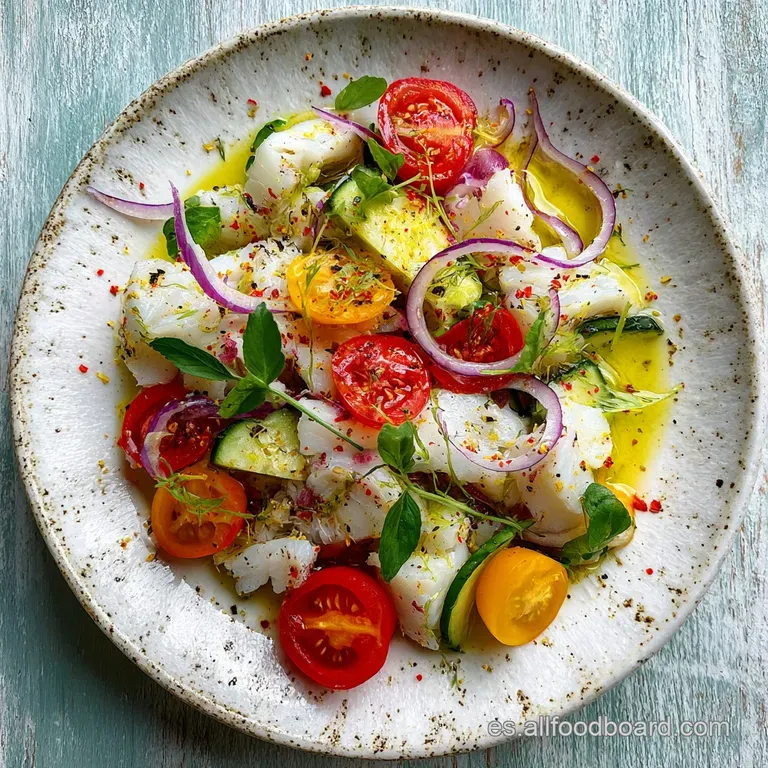Artfully arranged Esqueixada salad. The bright white cod contrasts against the colorful, glistening vegetables.