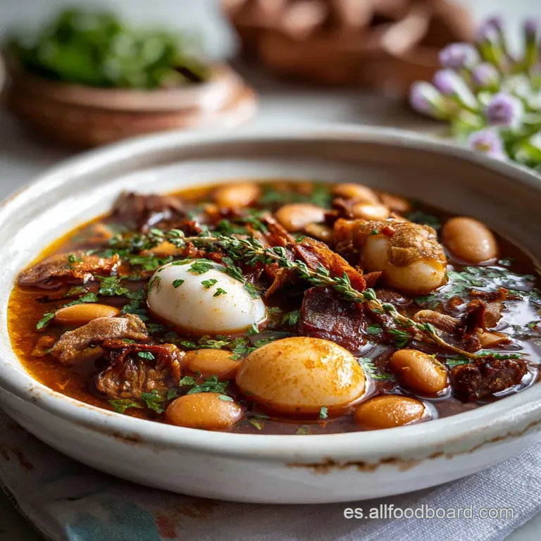 Rustic plate featuring a generous serving of fabada; flavorful broth coats tender beans & savory meats. Garnished with par...