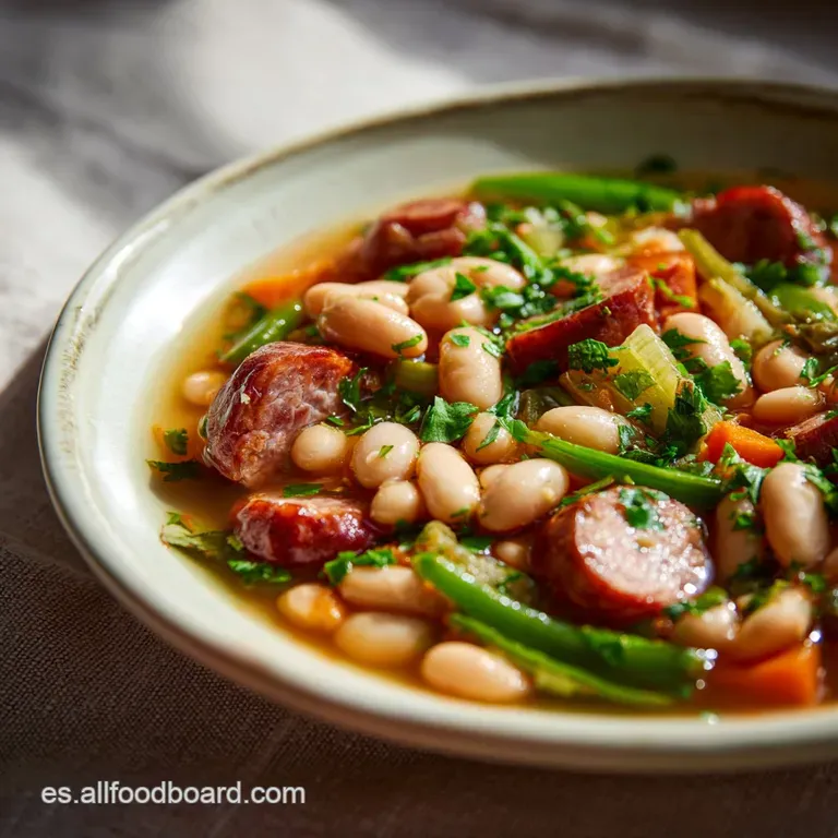 A deep bowl filled with hearty white bean stew featuring glistening meats. Garnished with parsley for a fresh pop of color.