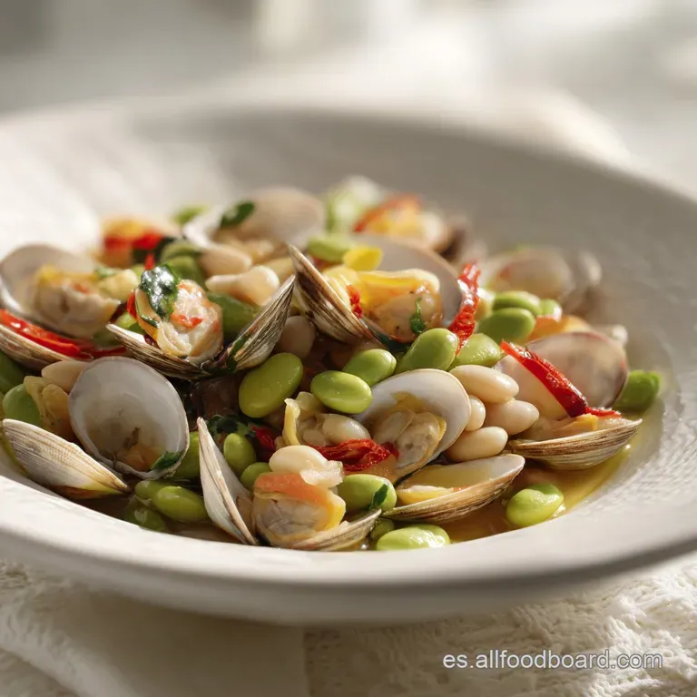A spoonful of creamy white beans and tender clams served in a rustic bowl. Steam rises, hinting at the rich, comforting wa...