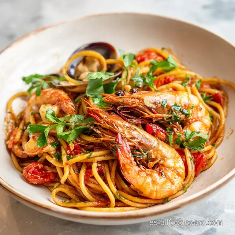 Fideu&aacute; de Marisco piled high on a white plate, garnished with fresh parsley and a lemon wedge. Ready to enjoy!