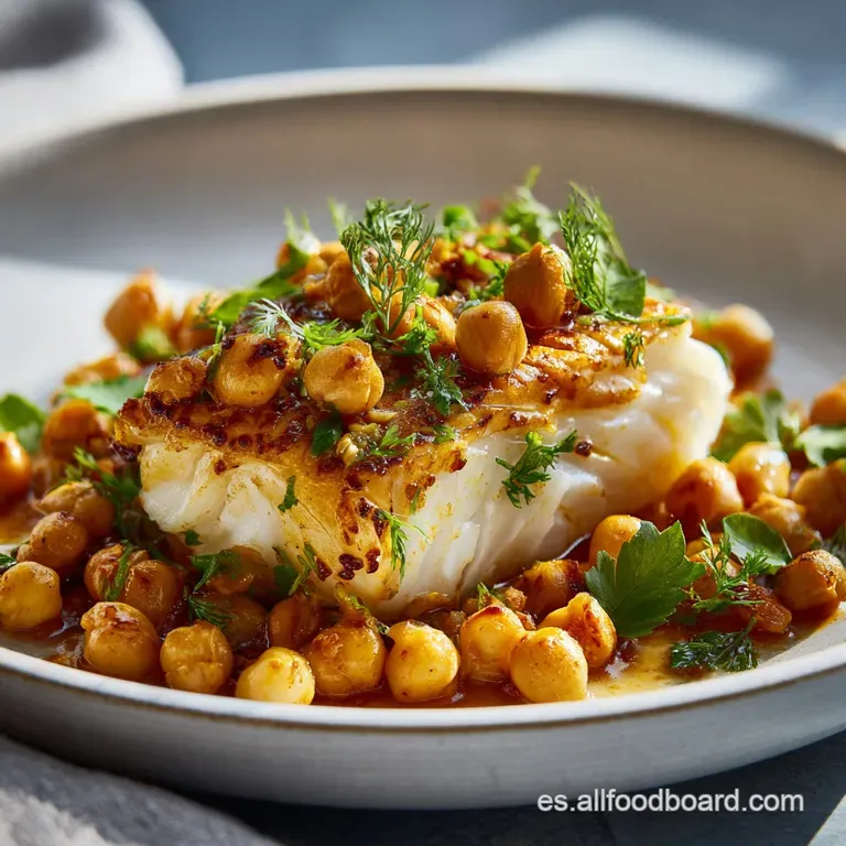 Rustic plate of garbanzos con bacalao. Flaky salt cod nestles among soft chickpeas in a rich, inviting, tomato broth.