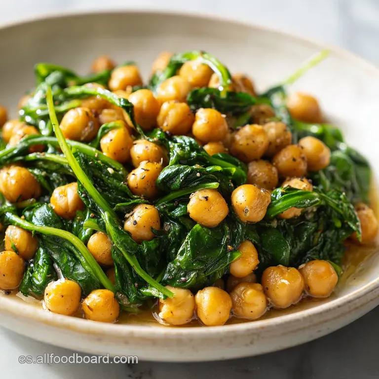 Steaming pile of sauteed spinach and chickpeas, glistening from oil, seasoned with herbs and plated in a rustic white bowl.