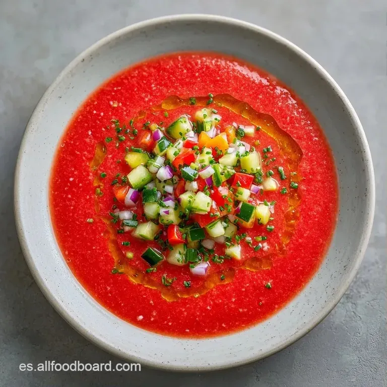 Vaso de cristal con crema roja espesa, adornado con finas l&aacute;minas de pepino y un chorrito de aceite dorado.