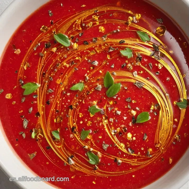 Copa de cristal con crema roja espesa y fr&iacute;a, adornada con una hoja de albahaca fresca y gotas de aceite dorado.