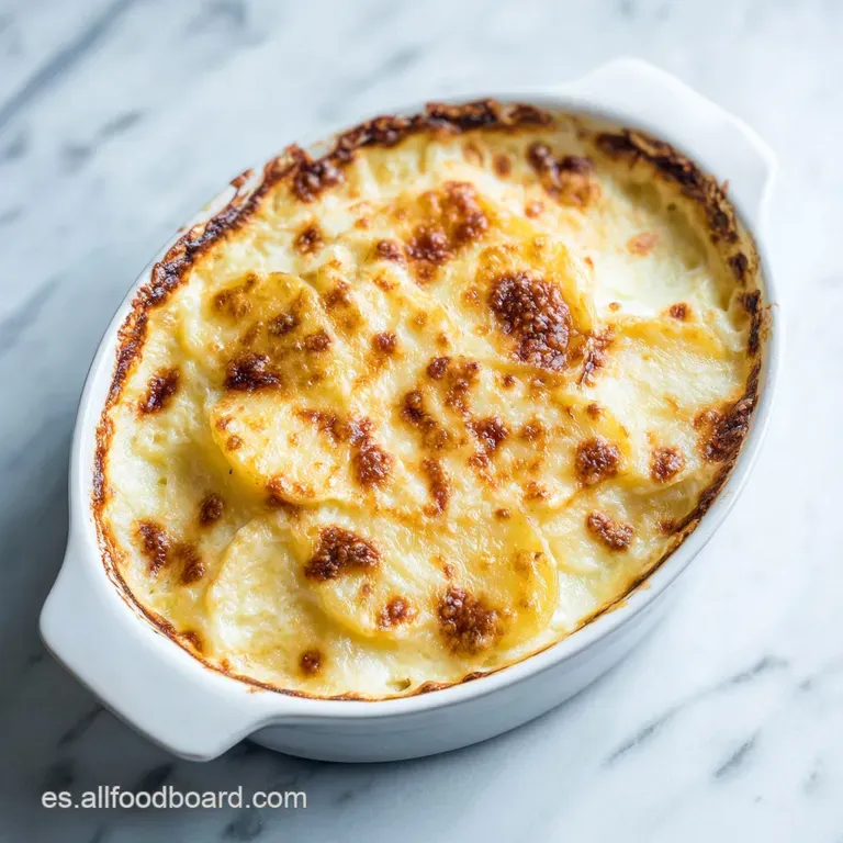A portion of rich potato gratin with a crisp, cheesy crust, served alongside fresh herbs.