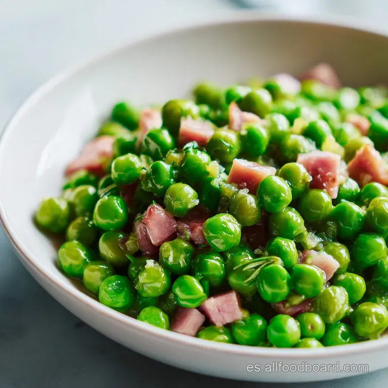 Glistening peas and savory ham artfully arranged on a white plate, highlighted with a drizzle of olive oil and sprinkle of...