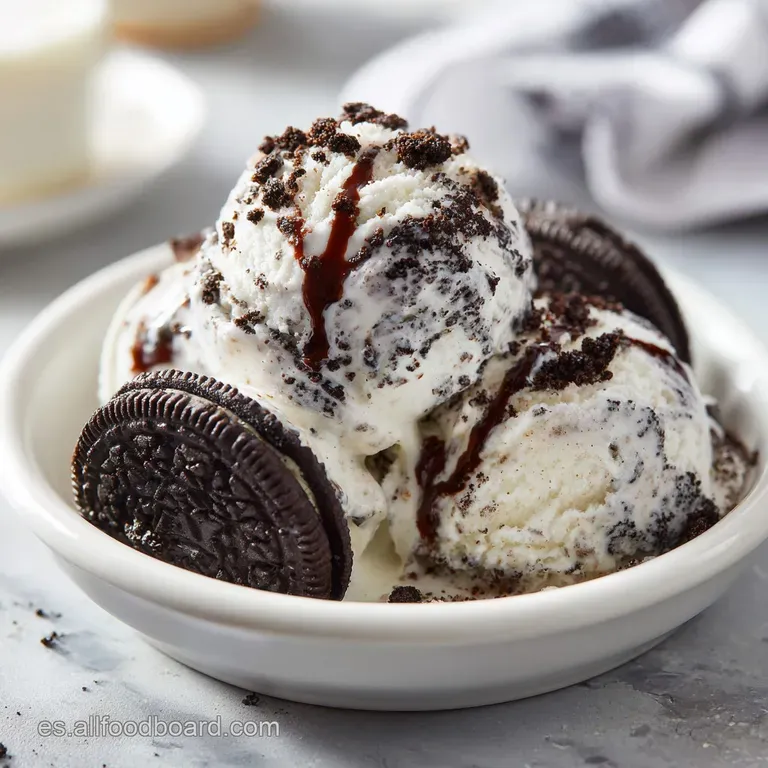 Scoops of Oreo ice cream in a sundae glass, drizzled with chocolate syrup, topped with a whole Oreo cookie.