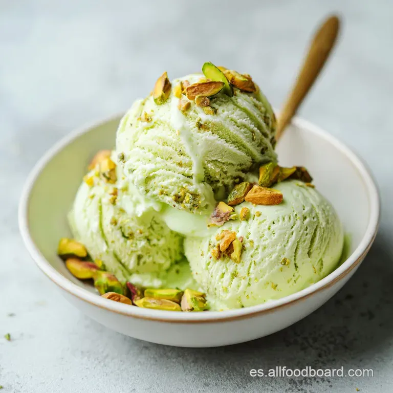 A scoop of pistachio ice cream, vibrant green against the white bowl, topped with chopped pistachios and a sprig of mint.