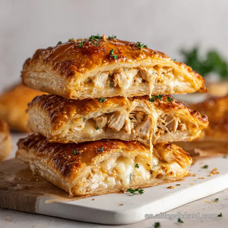 Elegant plate of flaky pastry, showcasing the rich filling's color with a sprig of fresh herbs for a touch of vibrancy and...